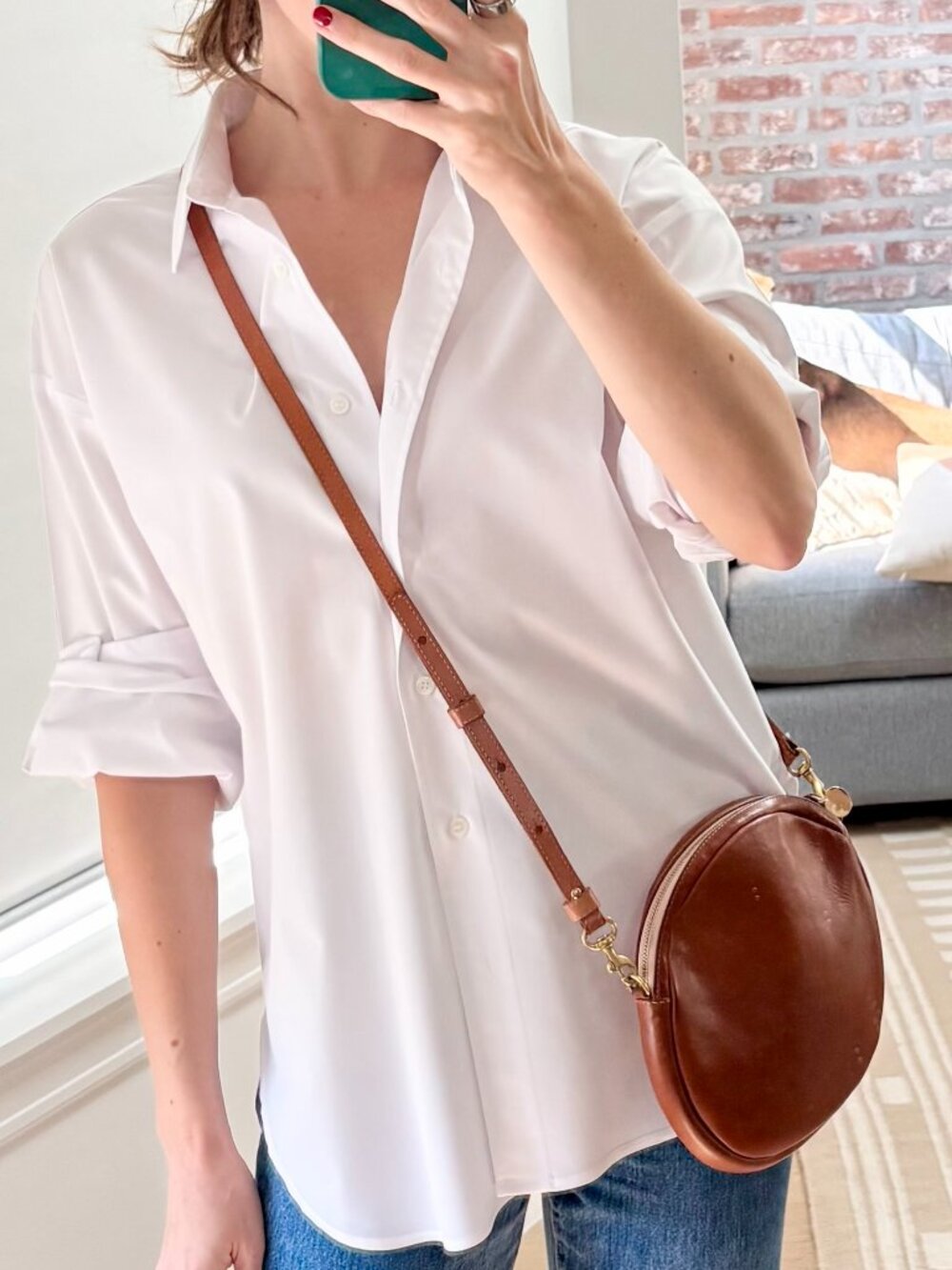 Clare V Circular Leather Crossbody Bag in Cognac